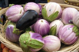 Basket of rosa bianca eggplants