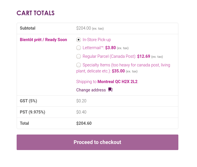 Shopping cart order details with shipping costs